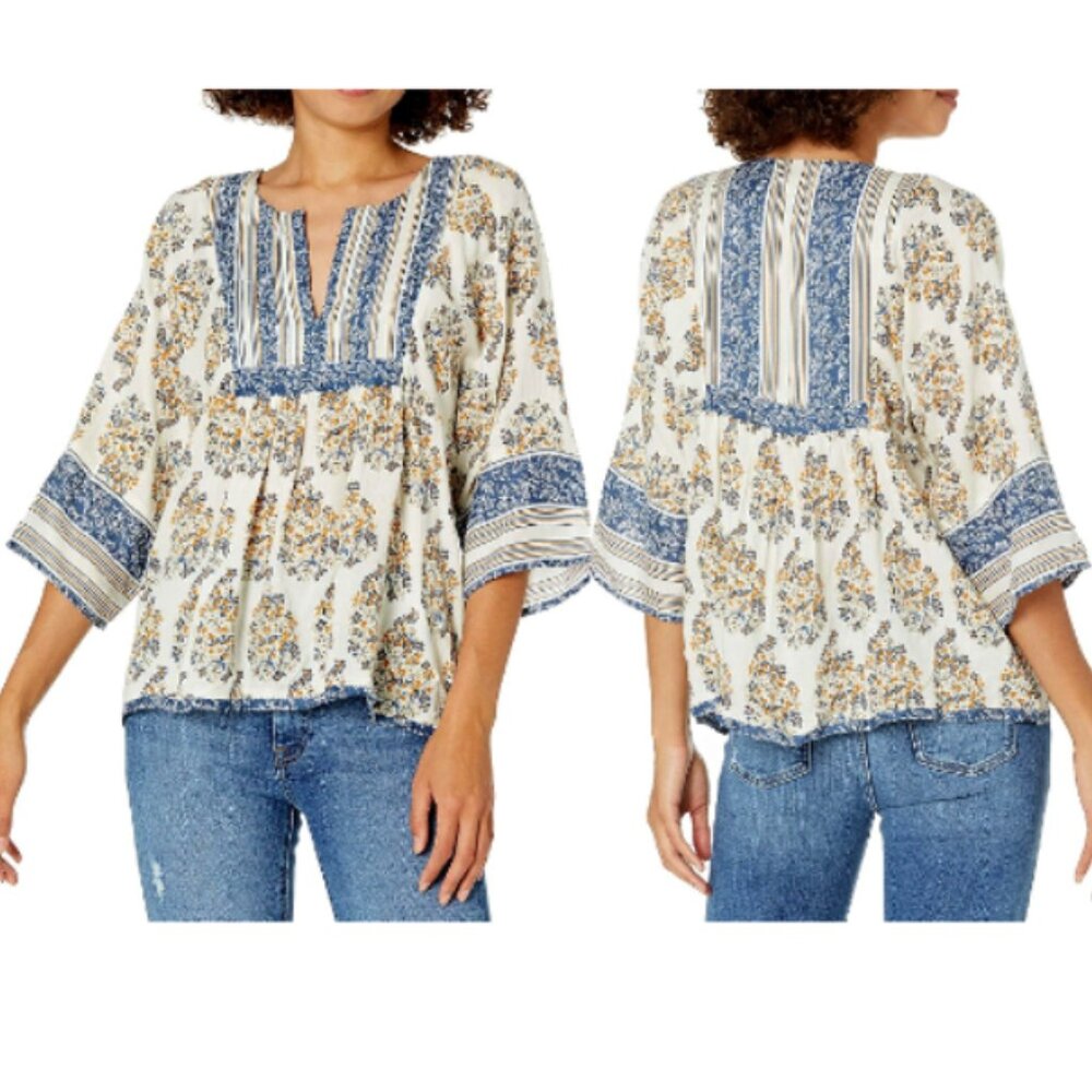 Lucky Brand Women's Mixed Print Natural Multicolor Peasant Top Size S/P NWT - Picture 1 of 16